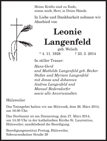 Todesanzeige von Leonie Langenfeld von saarbruecker_zeitung