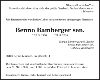 Todesanzeige von Benno Bamberger von saarbruecker_zeitung