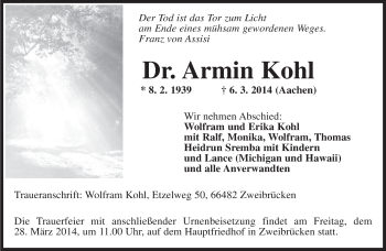 Todesanzeige von Armin Kohl von saarbruecker_zeitung