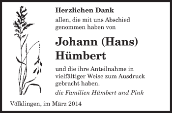 Todesanzeige von Johann Hümbert von saarbruecker_zeitung