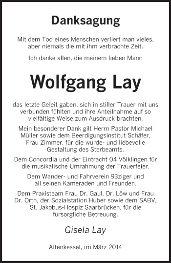 Todesanzeige von Wolfgang Lay von saarbruecker_zeitung