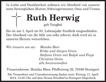 Todesanzeige von Ruth Herwig von saarbruecker_zeitung