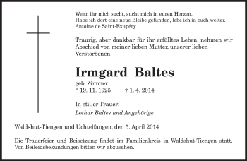 Todesanzeige von Irmgard Baltes von saarbruecker_zeitung