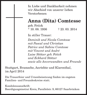 Todesanzeige von Anna Comtesse von saarbruecker_zeitung