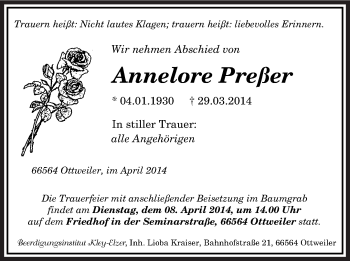 Todesanzeige von Annelore Preßer von saarbruecker_zeitung