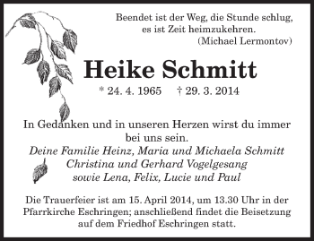 Todesanzeige von Heike Schmitt von saarbruecker_zeitung