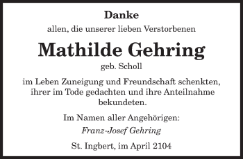 Todesanzeige von Mathilde Gehring von saarbruecker_zeitung