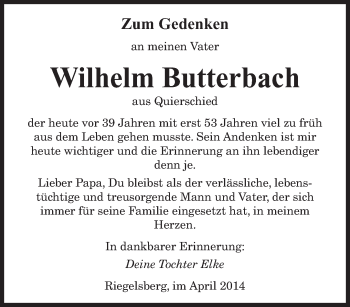 Todesanzeige von Wilhelm Butterbach von saarbruecker_zeitung