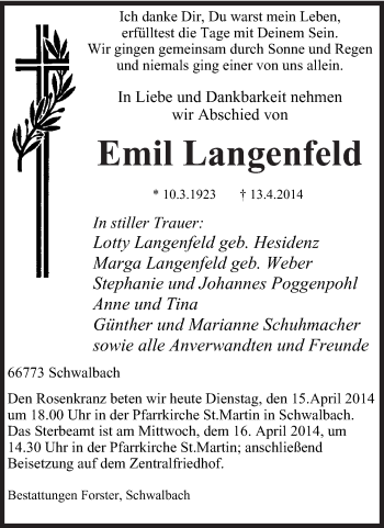 Todesanzeige von Emil Langenfeld von saarbruecker_zeitung