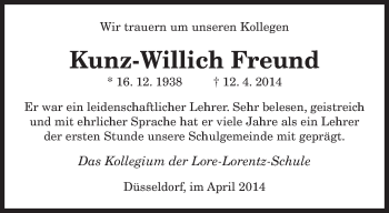 Todesanzeige von Kunz-Willich Freund von saarbruecker_zeitung
