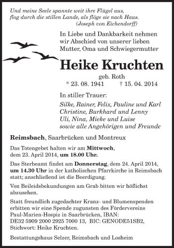 Todesanzeige von Heike Kruchten von saarbruecker_zeitung