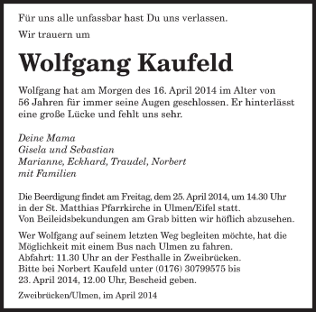 Todesanzeige von Wolfgang Kaufeld von saarbruecker_zeitung