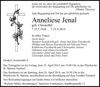 Todesanzeige von Anneliese Jenal von saarbruecker_zeitung