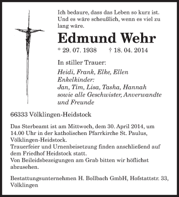 Todesanzeige von Edmund Wehr von saarbruecker_zeitung