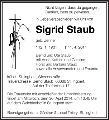 Todesanzeige von Sigrid Staub von saarbruecker_zeitung