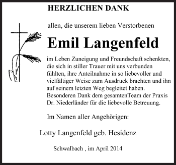 Todesanzeige von Emil Langenfeld von saarbruecker_zeitung