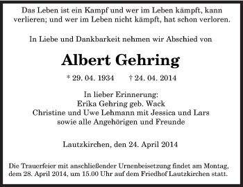 Todesanzeige von Albert Gehring von saarbruecker_zeitung