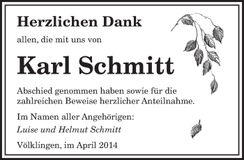 Todesanzeige von Karl Schmitt von saarbruecker_zeitung