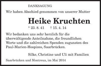 Todesanzeige von Heike Kruchten von saarbruecker_zeitung
