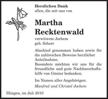 Todesanzeige von Martha Recktenwald von SAARBRÜCKER ZEITUNG