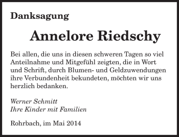Todesanzeige von Annelore Riedschy von saarbruecker_zeitung