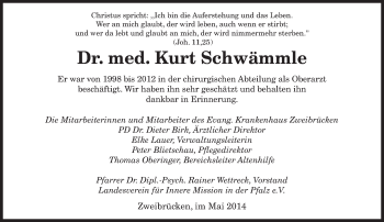 Todesanzeige von Kurt Schwämmle von saarbruecker_zeitung
