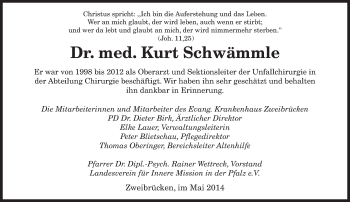 Todesanzeige von Kurt Schwämmle von saarbruecker_zeitung