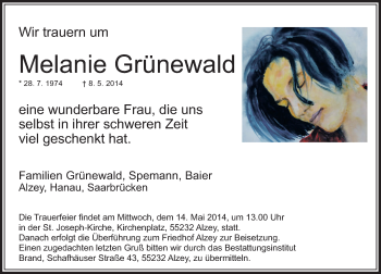 Todesanzeige von Melanie Grünewald von saarbruecker_zeitung