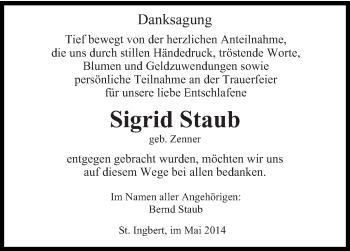 Todesanzeige von Sigrid Staub von saarbruecker_zeitung