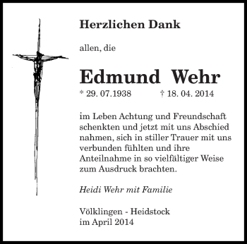 Todesanzeige von Edmund Wehr von saarbruecker_zeitung
