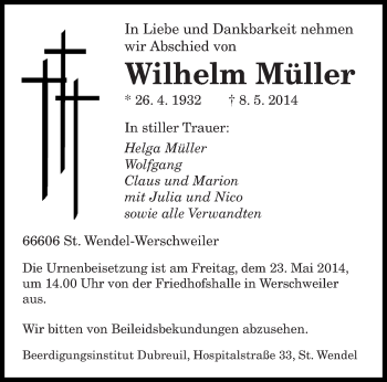 Todesanzeige von Wilhelm Müller von saarbruecker_zeitung