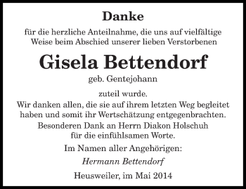 Todesanzeige von Gisela Bettendorf von saarbruecker_zeitung