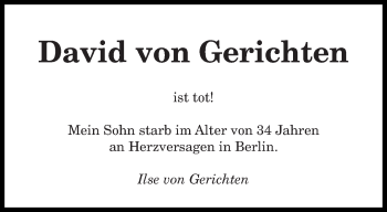Todesanzeige von David von Gerichten von saarbruecker_zeitung