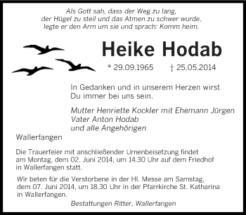 Todesanzeige von Heike Hodab von saarbruecker_zeitung