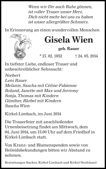 Todesanzeige von Gisela Wien von saarbruecker_zeitung