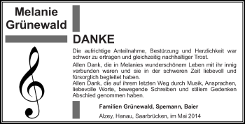 Todesanzeige von Melanie Grünewald von saarbruecker_zeitung