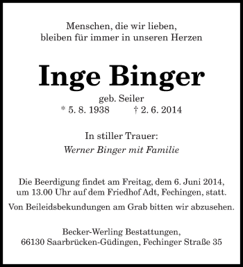 Todesanzeige von Inge Binger von saarbruecker_zeitung