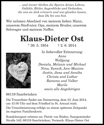 Todesanzeige von Klaus-Dieter Ost von saarbruecker_zeitung