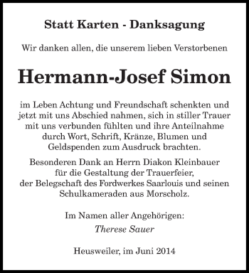 Todesanzeige von Hermann-Josef Simon von saarbruecker_zeitung