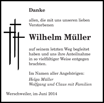 Todesanzeige von Wilhelm Müller von saarbruecker_zeitung