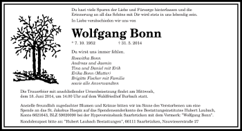 Todesanzeige von Wolfgang Bonn von saarbruecker_zeitung