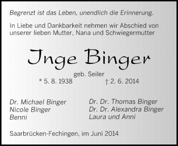 Todesanzeige von Inge Binger von saarbruecker_zeitung
