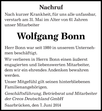 Todesanzeige von Wolfgang Bonn von saarbruecker_zeitung