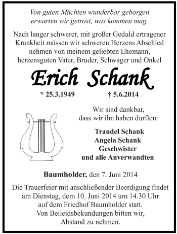 Todesanzeige von Erich Schank von saarbruecker_zeitung