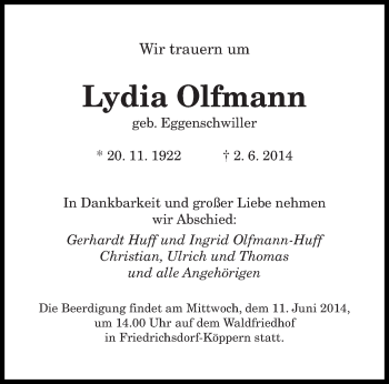 Todesanzeige von Lydia Olfmann von saarbruecker_zeitung
