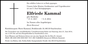 Todesanzeige von Elfriede Kammal von saarbruecker_zeitung