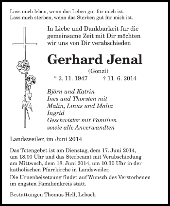 Todesanzeige von Gerhard Jena von saarbruecker_zeitung