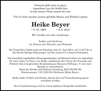 Todesanzeige von Heike Beyer von saarbruecker_zeitung