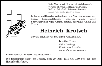 Todesanzeige von Heinrich Krutsch von saarbruecker_zeitung
