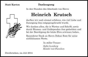 Todesanzeige von Heinrich Krutsch von saarbruecker_zeitung